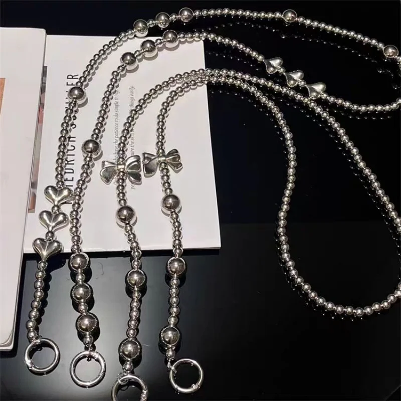 Silver bow love phone chain handmade bead hanging chain crossbody can be carried with hanging rope backpack with wrist strap