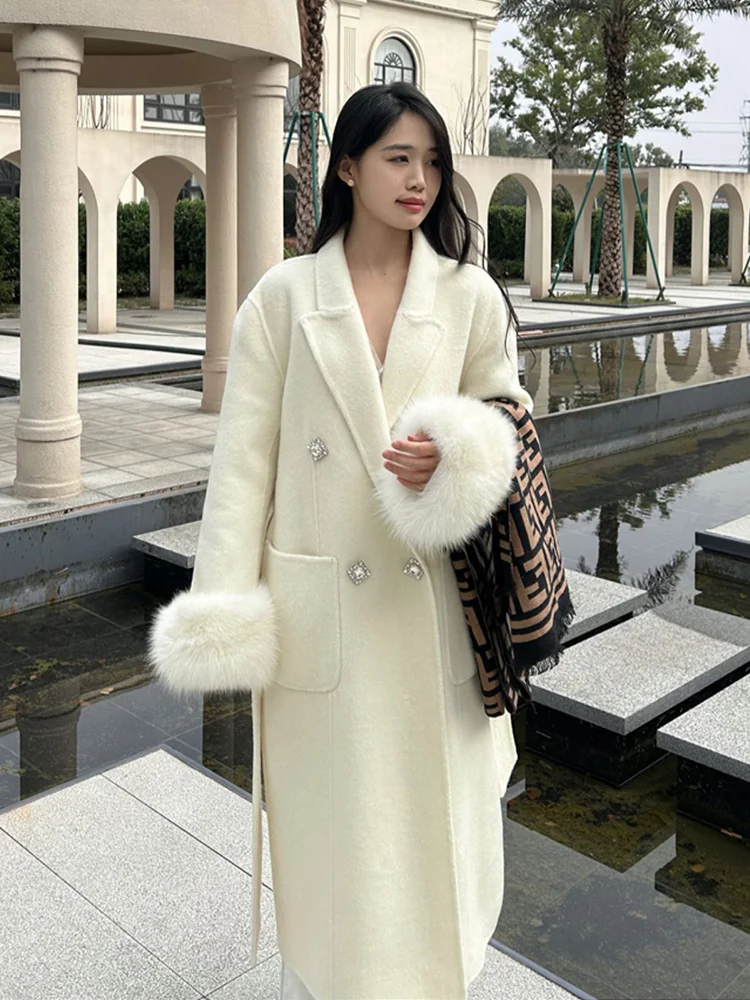 معطف نسائي جديد لعام 2025 من صوف الكشمير الطويل معطف صوفي طبيعي من فرو الثعلب الحقيقي سترة شتوية للسيدات ملابس خارجية ملابس خروج