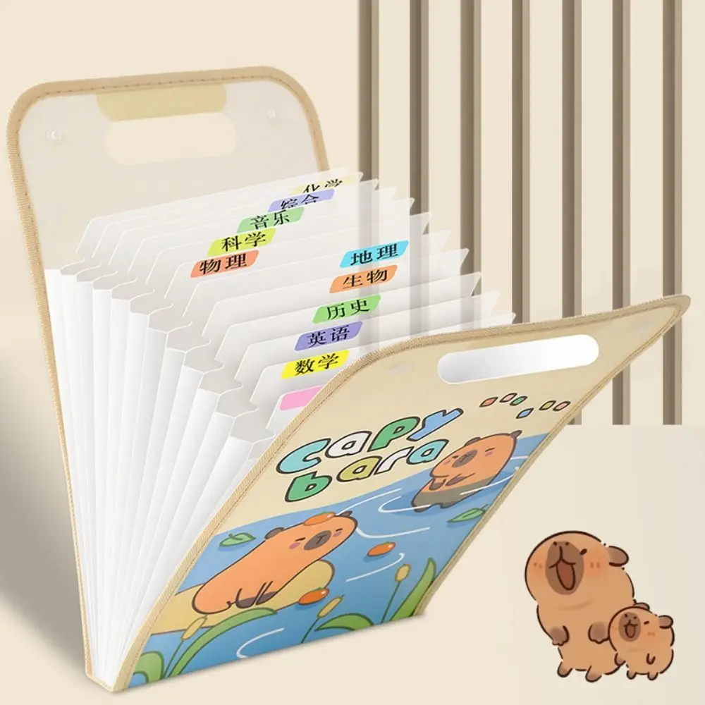 New Cute Capybara A4 File Folder Creative Cartoon Test Paper Storage Folder Waterproof 13 Pockets Portfolio