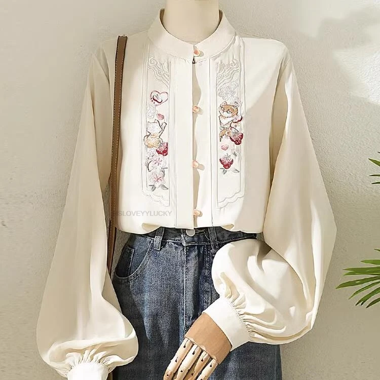 

Women's Chinese Embroidery Long Sleeve Shirt Autumn Winter New Design Unique Charm Shirt Lantern Sleeve Top Tang Suits Blouse