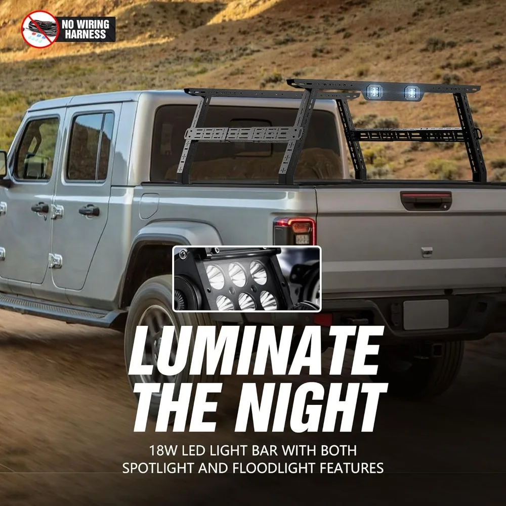 Adjustable Truck Bed Rack 16-24.8 Inches High, Cargo Carrier with LED Lights, Compatible for Various Truck Models