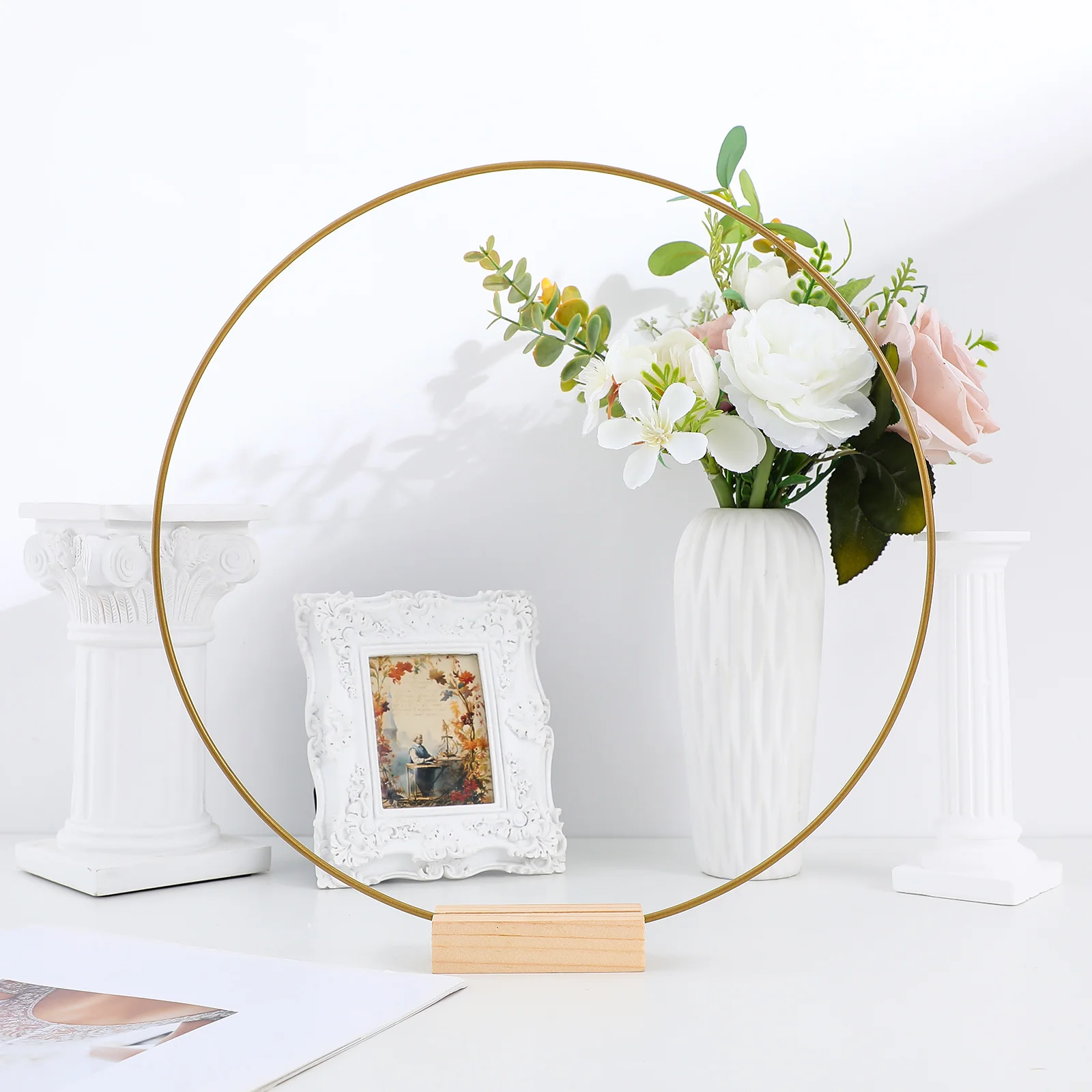 

Metal Hoops for Crafts DIY Wreath Frame with Wooden Stand Macrame Floral Hoop Centerpiece Wedding Decor Ceremony Kit