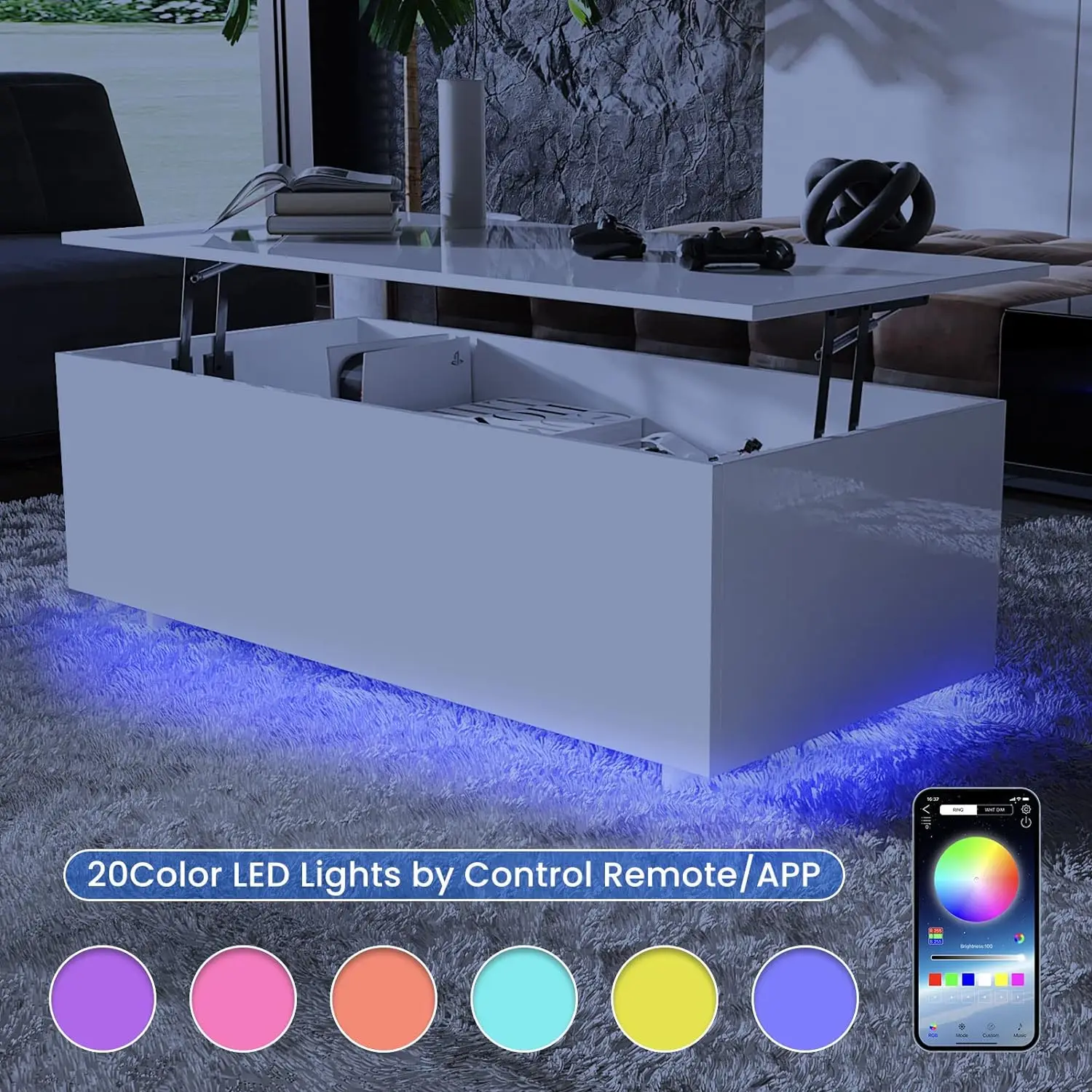 High Gloss Lift Top Table with Led Lights, Led Coffee Table with Storage Shelf and Hidden Compartment