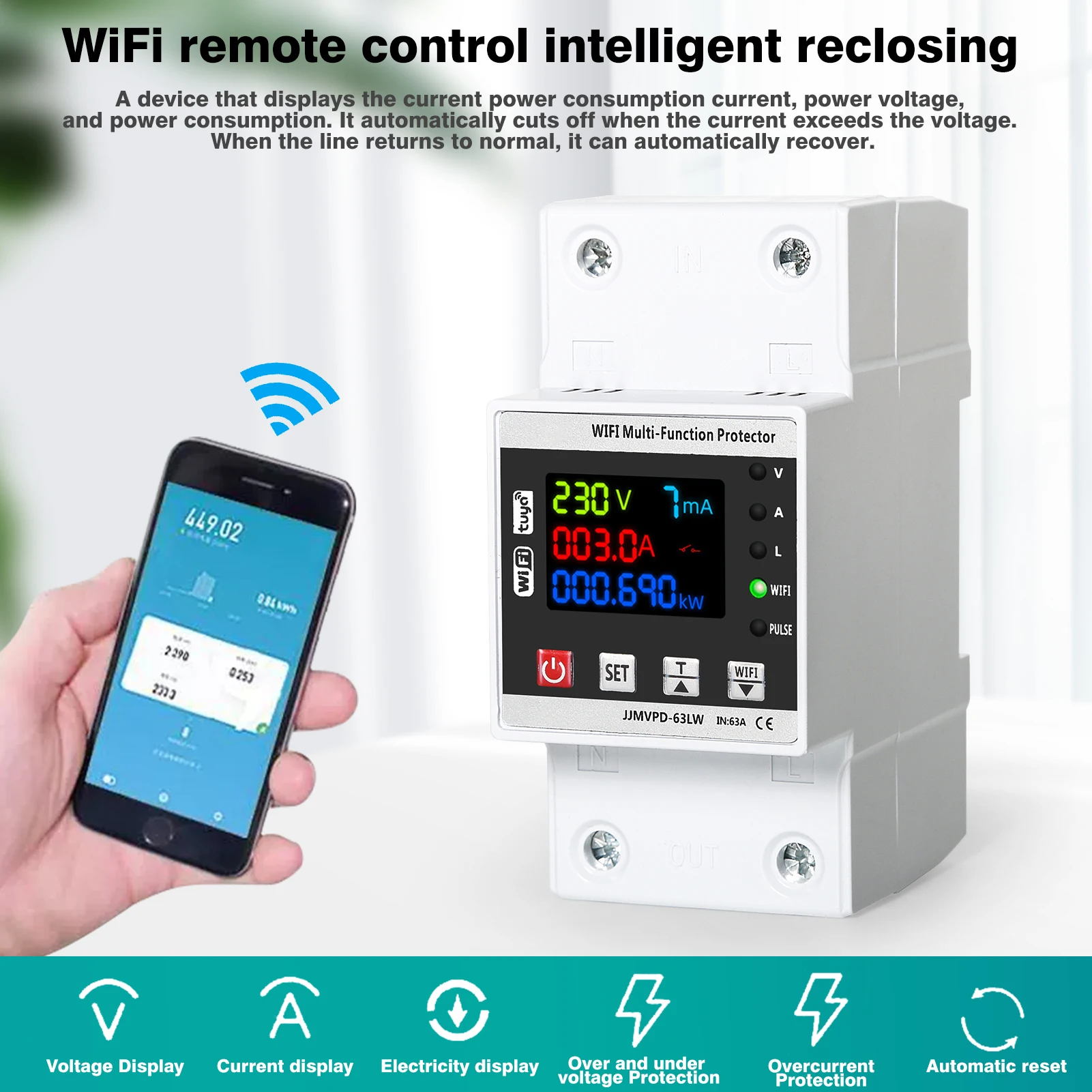 

AC230V 63A Tuya WiFi Intelligent Reclosing Protector Over Under Voltage Circuit Breaker Switch Intelligent Reclosing Protector