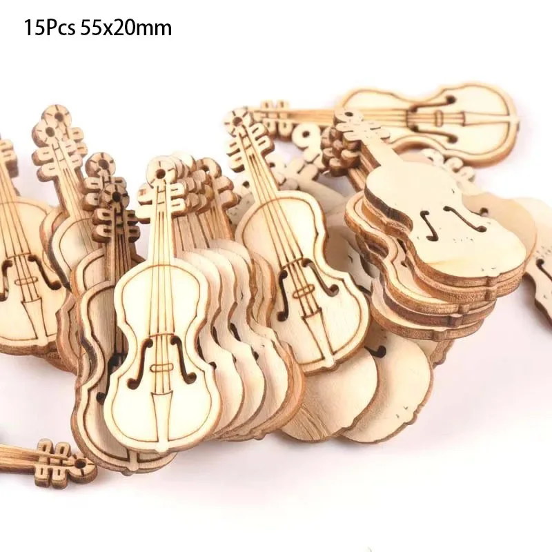 15Pcs 55x20mm Natrual Violin Wood Slices For Home Decor DIY Crafts Scrapbook Accessories Handmade Wooden Ornaments m1754