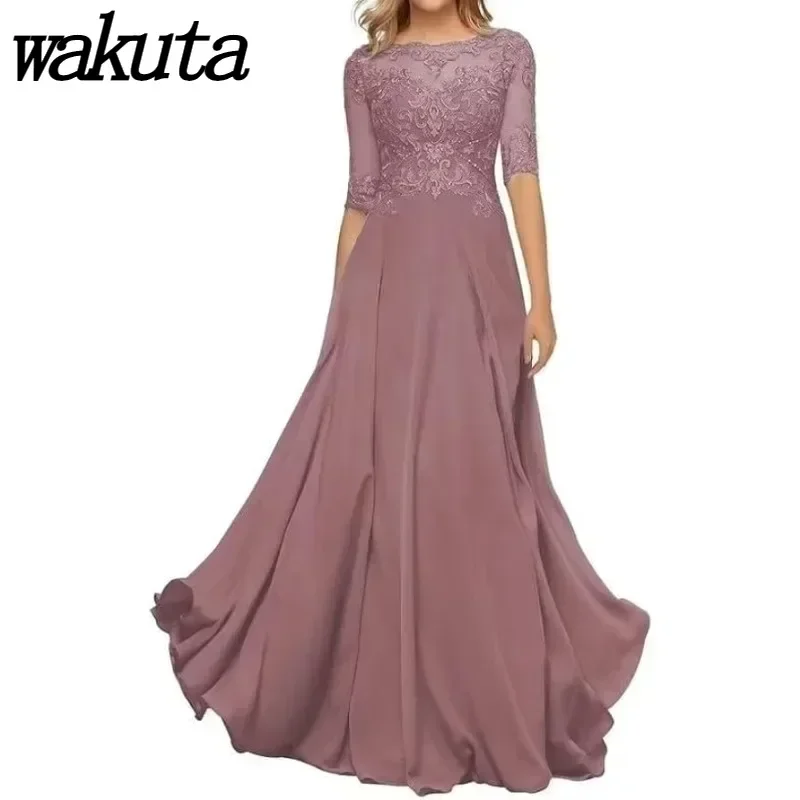 Wakuta Halbarm plus Größe bodenlangen Mutter des Bräutigams Kleid eine Linie Chiffon Spitze Applikationen formelle Abendkleid für Frauen