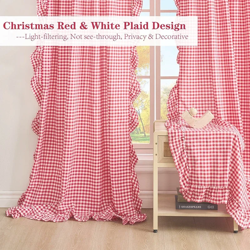 1 PC Buffalo Plaid Ruffle Curtains Semi-sheer Drapes Shabby Chic Rod Pocket Window Curtain for Bedroom Living Room Kitchen Decor