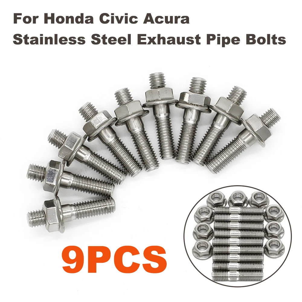 

For Honda Civic Acura Stainless Steel Exhaust Pipe Bolts M8*40 9Pcs Stud Serrated Bolt Nut Screw