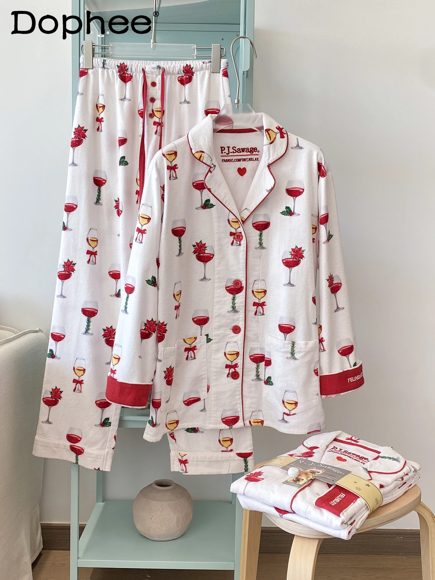 

2025 New All-Cotton Autumn Winter Brushed Long Sleeve Skin-Friendly Warm Japanese Girl Casual Turn-Down Collar Homewear Set