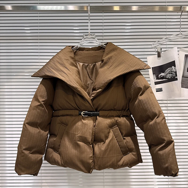 2025 inverno nuovo stile solido a righe grande bavero colletto fibbia vita calore giacca di cotone donna cappotto stile dritto allentato