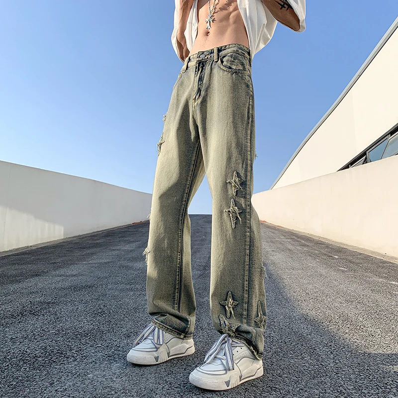 

Oversized Wide Leg Jeans Men's Spring Autumn New Trend Straight Loose High Waist Casual Streetwear Ripped Trousers Male B03