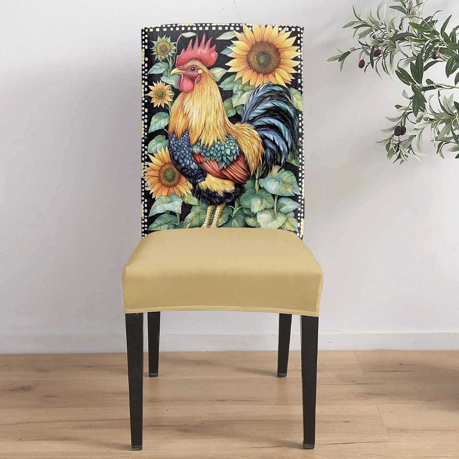 

Watercolor Rooster Sunflower Plaid Stretch Chair Cover 4pcs Elastic Seat Protector Case Chair Slipcovers Home Decor