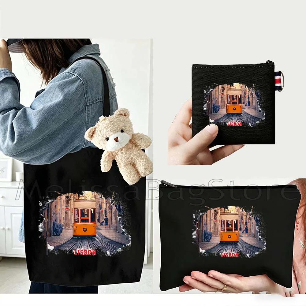 4PCS Gifts Set lisbon Portugal White Canvas Tote Bag Handbag with Doll Key Coin Purse Cosmetic Makeup Toilet Bag Case Pouch