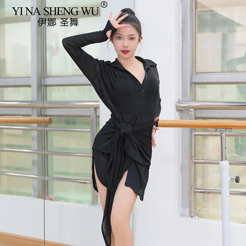 Loose Latin Dance Clothes Women White Black Long Sleeve Loose Shirt Skirt Training Clothes Latin Dance Cha Cha Samba Costume