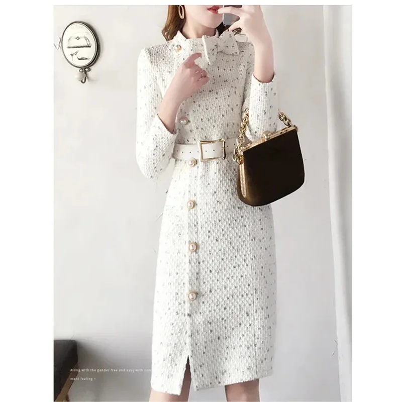 

2024 New Arrival Autumn And Winter Runway Women Elegant Tweed Dress Bow Collar Long Sleeve Female Fashion Chic Vestidos