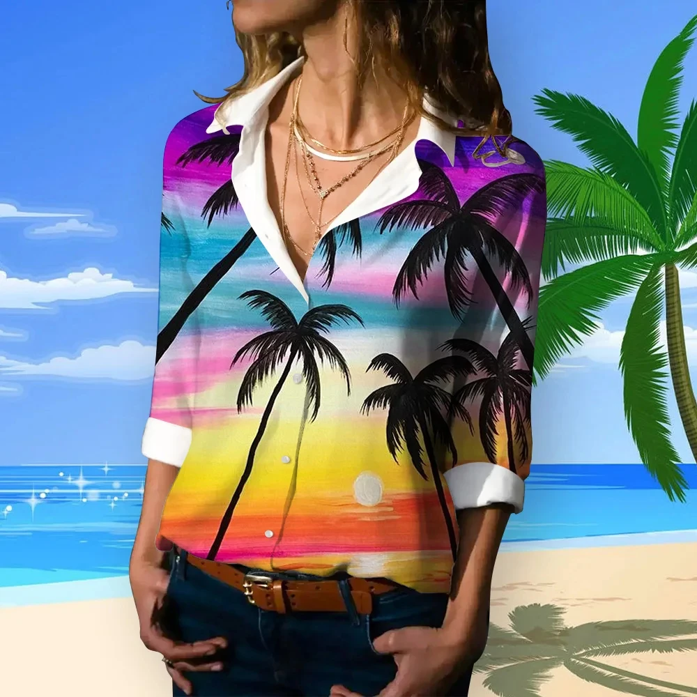 Retro Style Women's Spring Autumn Long Sleeve Hawaiian Button Shirt Elegant Office Ladies 2024 New Style 3D Printing