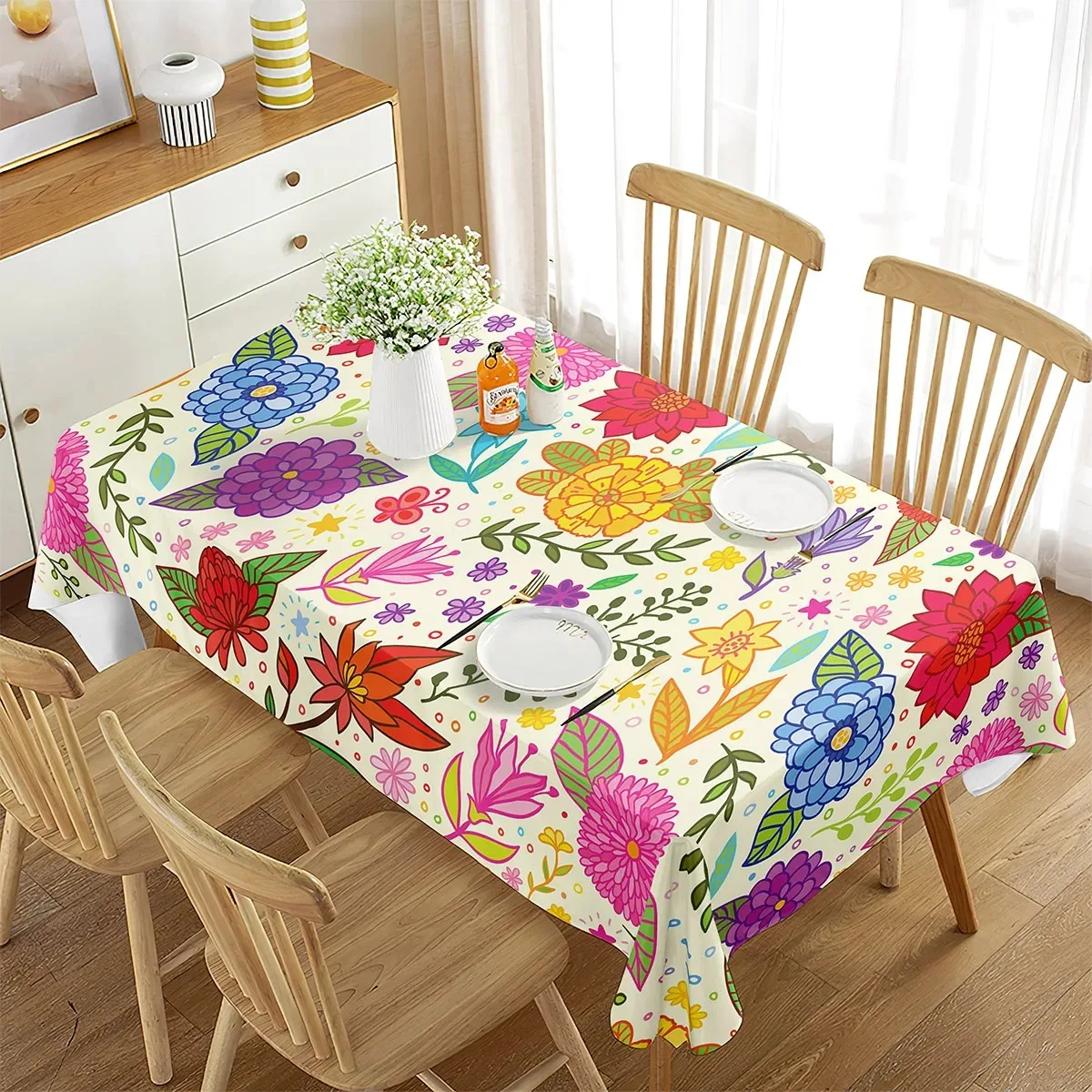 

Elegant Wildflower Tablecloth Waterproof Polyester 2D Flat Printed Table Cover For Spring Summer Home Kitchen Table Decor