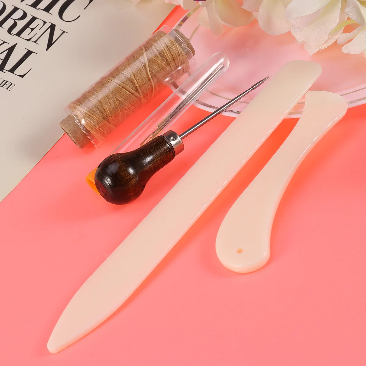 10pcs Bookbinding Tools Set Bone Folder Creaser Plastic Waxed Linen Thread Wood Handle Awl Large-Eye Needles Handmade Diy Books