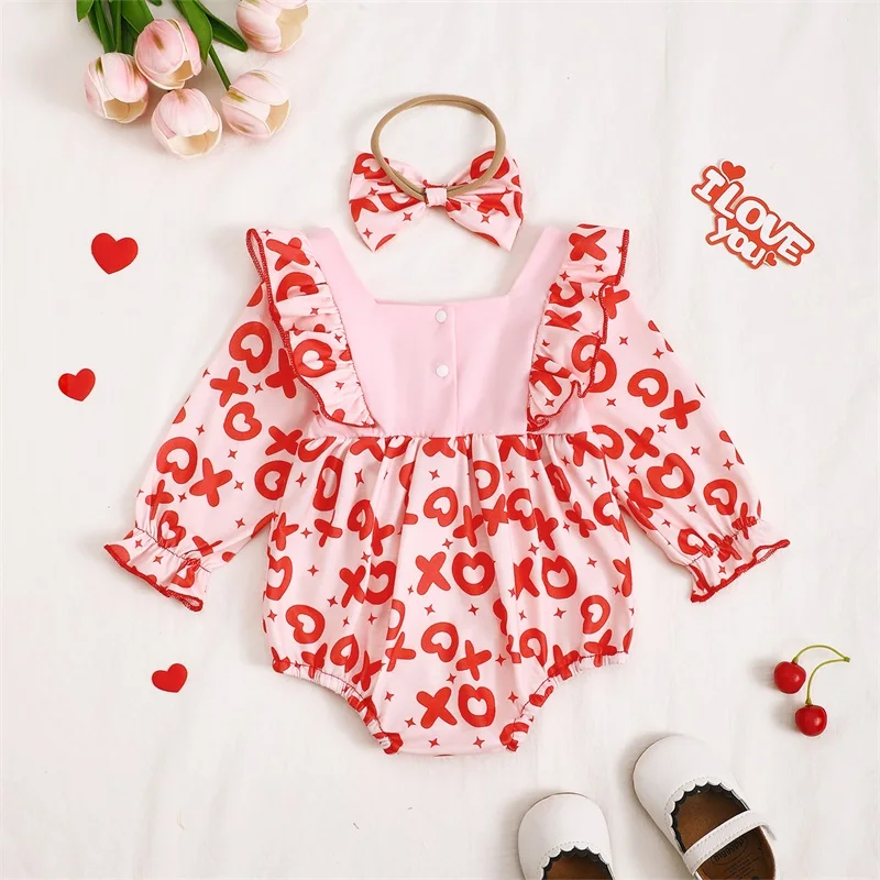 Baby Girl Valentines Day Romper Letter Embroidery Ruffle Trim Long Sleeve Bodysuit with Bow Headband 2 Pcs Outfit