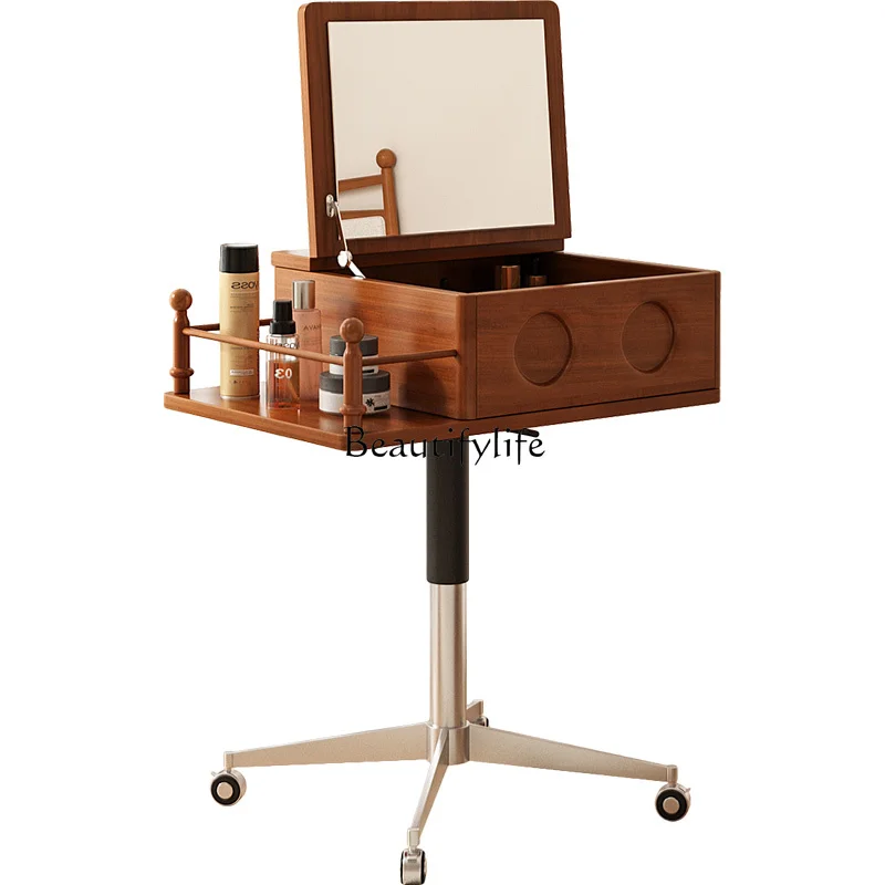 

Antique Style Solid Wood Mini Dressing Table Small Apartment Bedroom Movable Flip Makeup Table