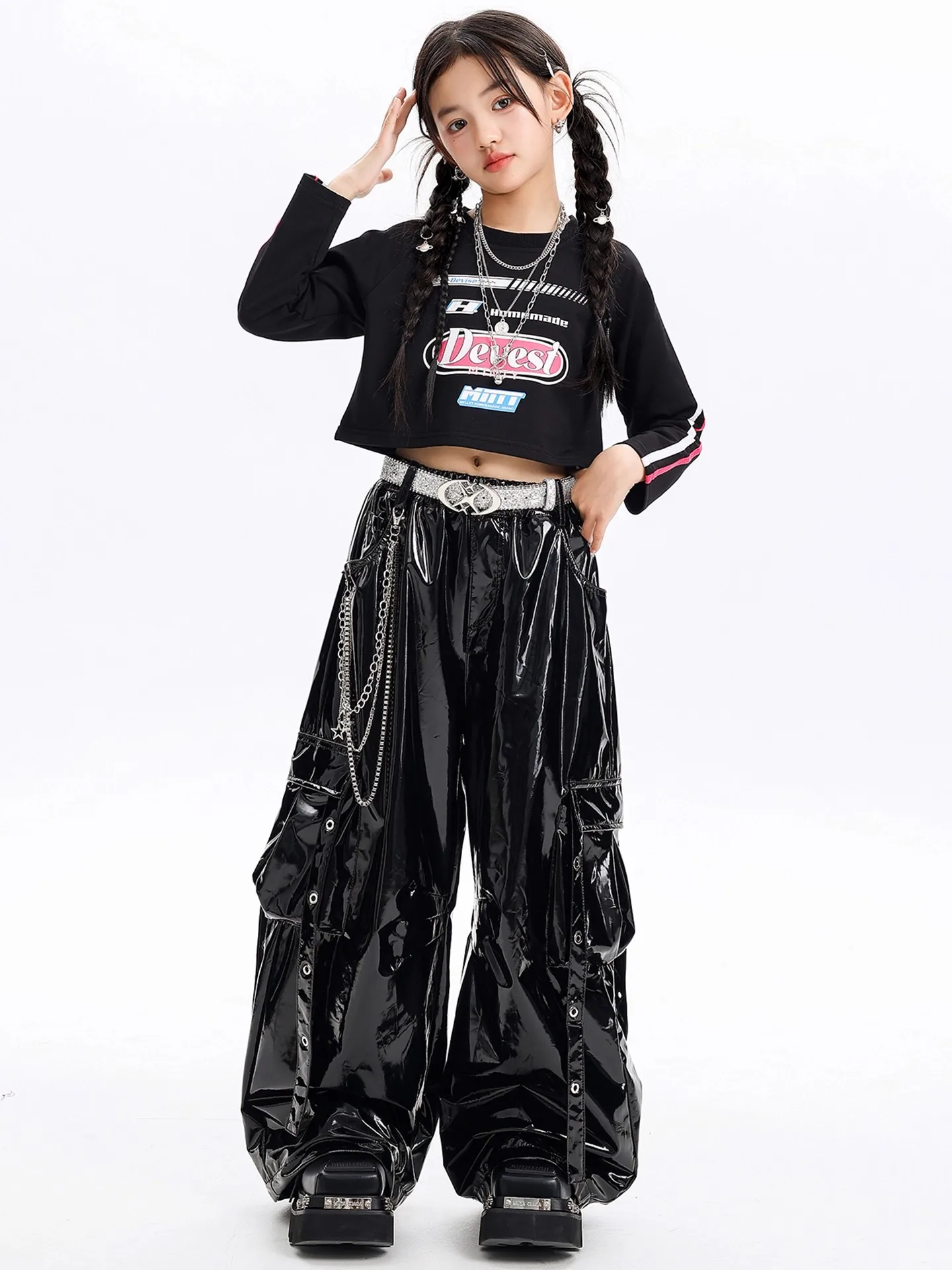 Top a maniche lunghe per bambini Pantaloni lucidi Abiti per spettacoli di danza jazz Kpop Ragazze Squadra Hiphop Costumi di danza di strada DQL11988