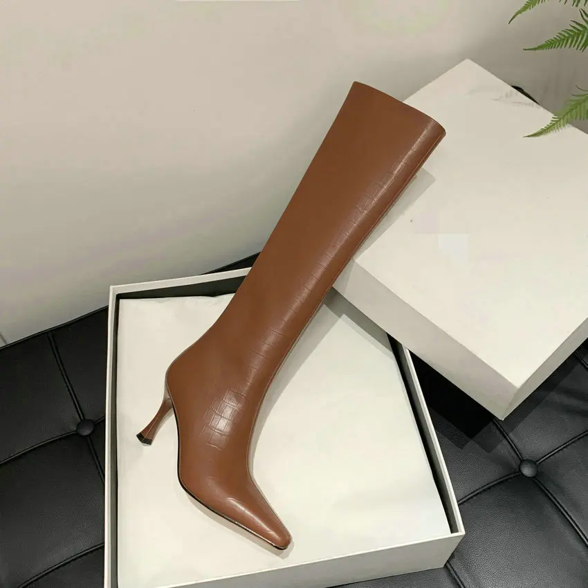 QUTAA 2024 Women Knee High Boots Autumn Winter Genuine Leather Shoes Woman Pointed Toe Office Lady Party High Boots Size 34-42