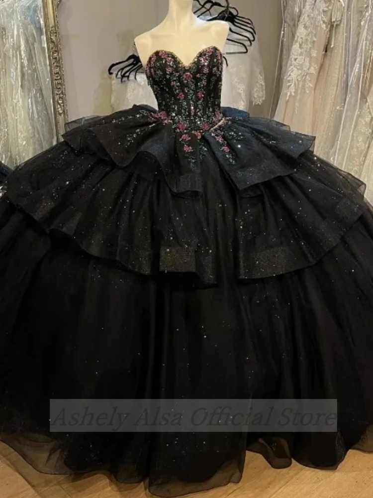 Robe Quinceanera noire avec appliques en dentelle, tulle perlé, jupe bouffante à plusieurs niveaux, robe douce, robe éducative, image réelle, 16, 14, 15 ans, 2024