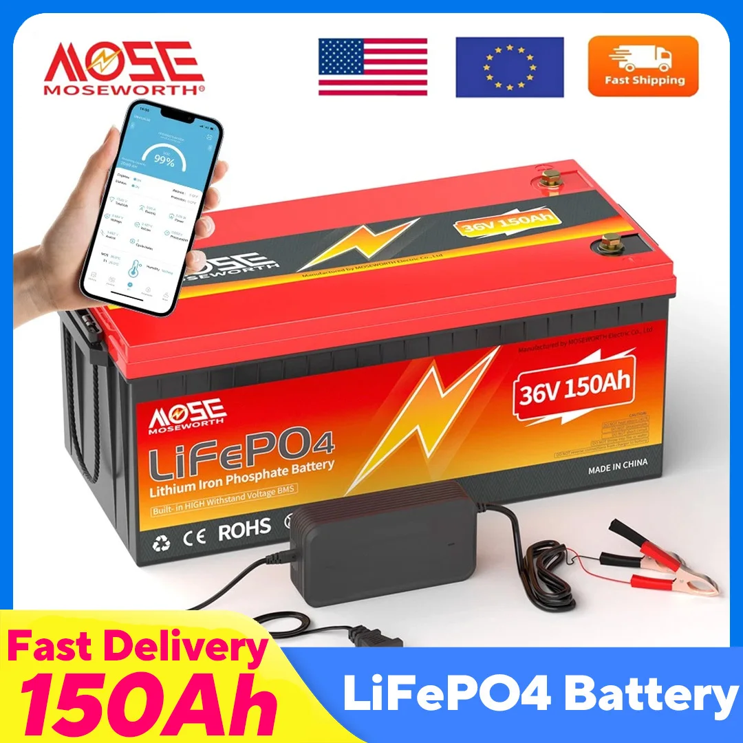 

MOSEWORTH 36V 150AH LiFePO4 Батарея с Bluetooth 200A BMS Литиевые аккумуляторные батареи с зарядным устройством для гольф-кара Solar RV