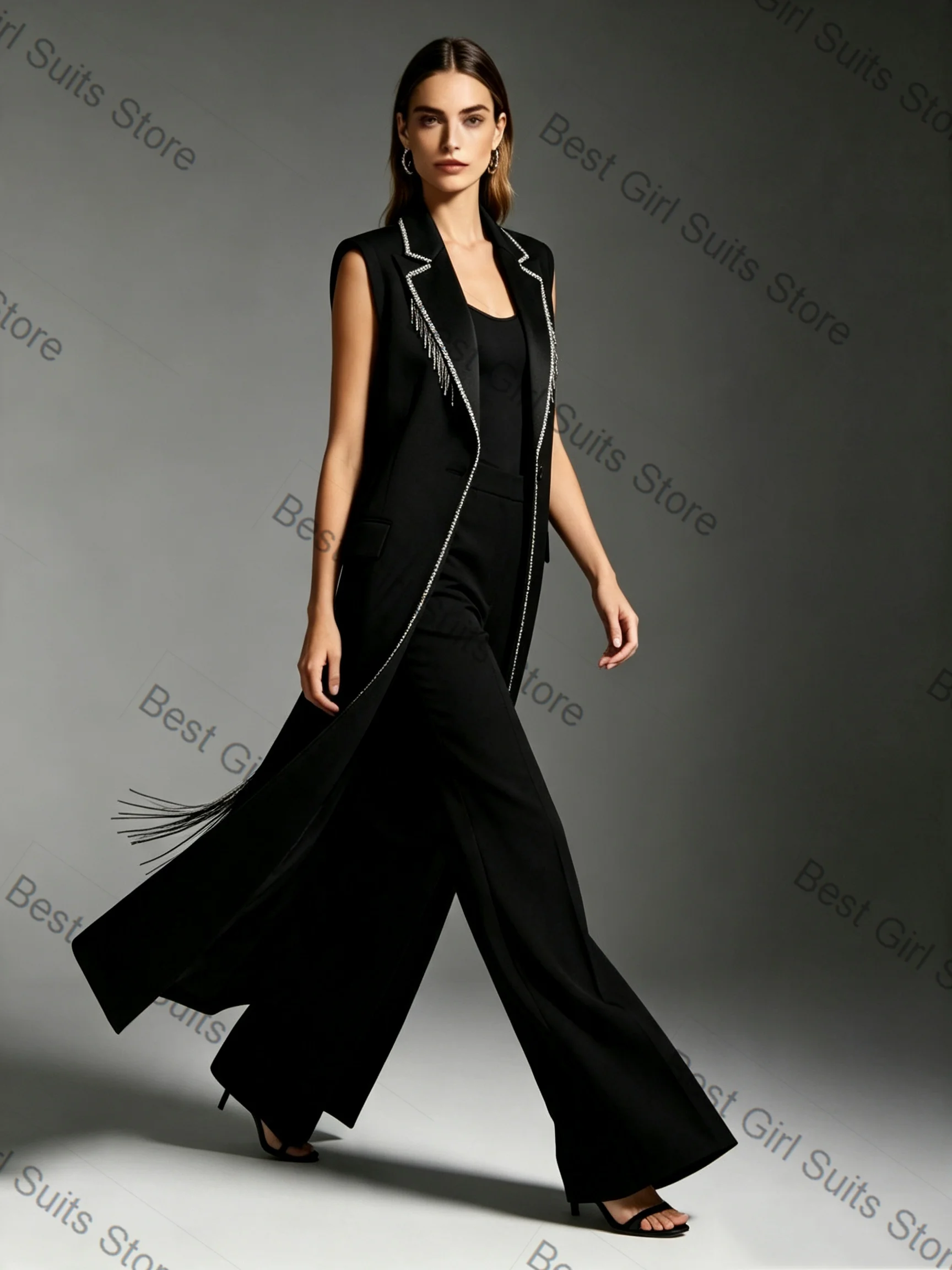 Black Cotton Women Suit Set 2 Pcs Long Vest+Pants Beading Summer Spring Formal Office Lady Jacket Customized Bridal  Coat
