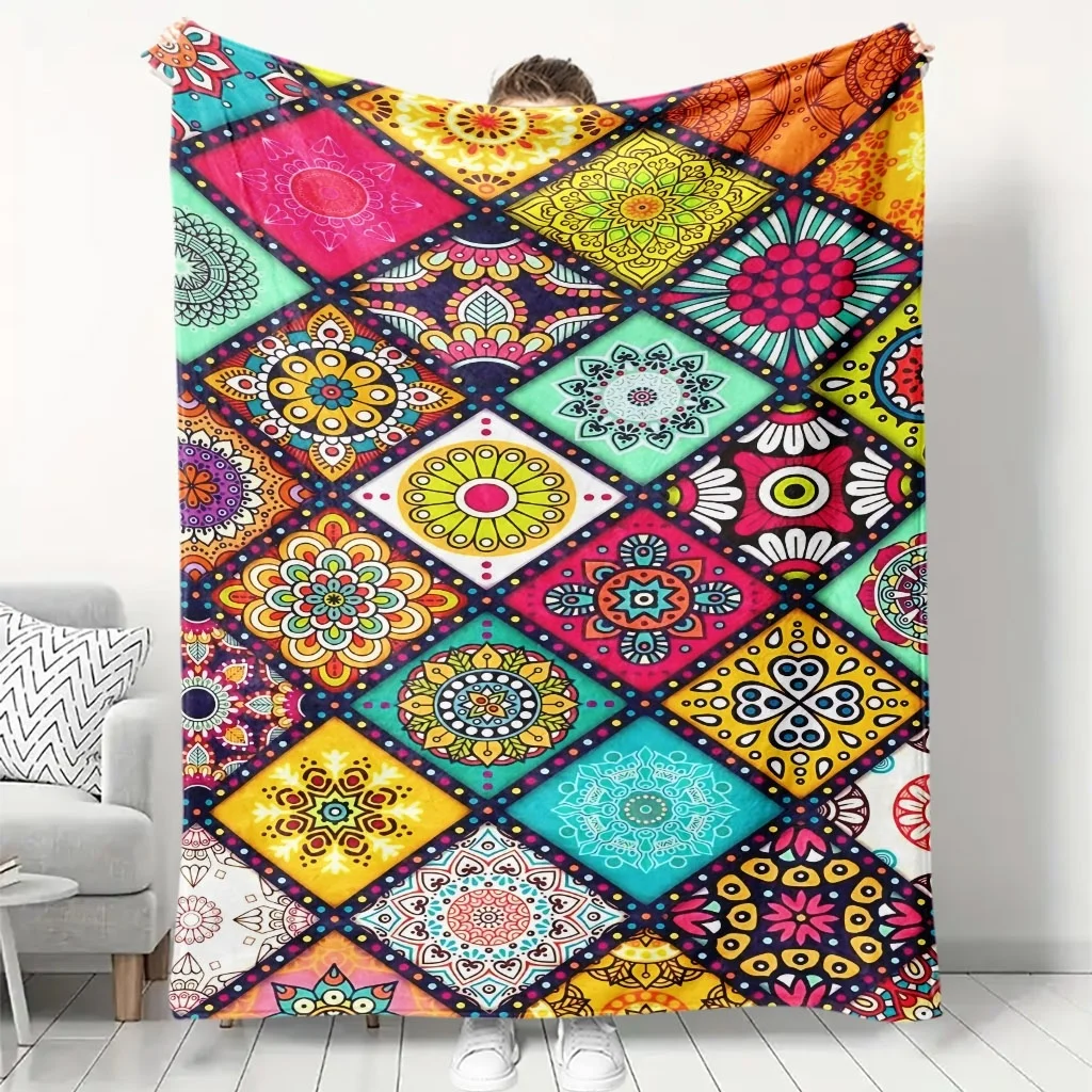Colorful Diamond Lattice Mandala Floral Patchwork Flannel Throw Blanket Warm Cover For Sofa Bohemian Ethnic Home Decor Gift