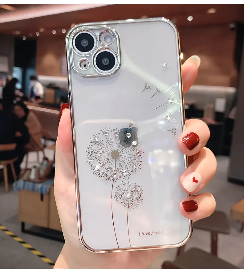 Luxury Diamond Dandelion Clear Case For iPhone 13 12 11 14 Pro Max 7 8 Plus X XR XS Carcasas Glitter Shockproof Soft TPU Cover