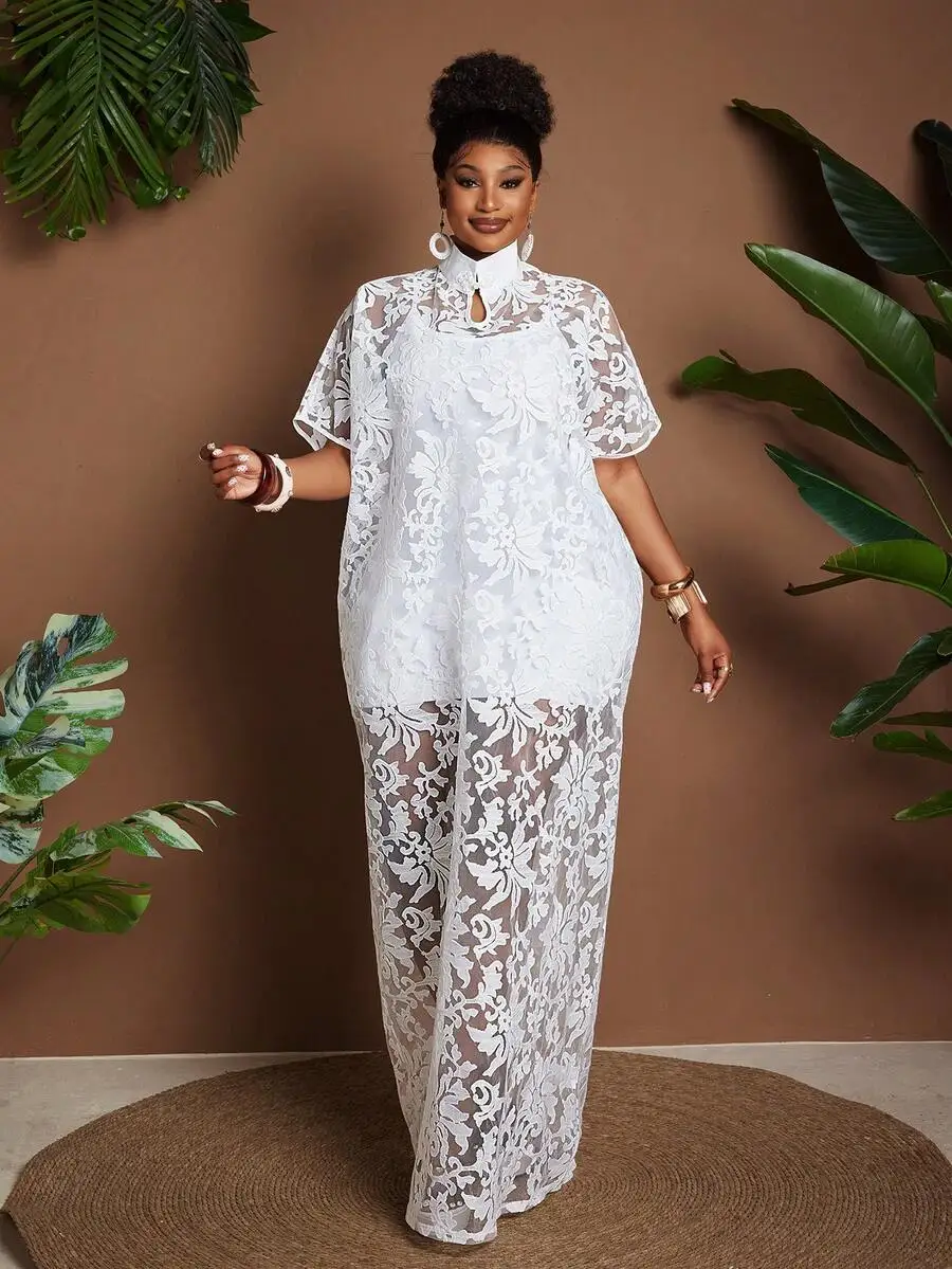

Plus Size Women White Floral Lace Sheer Turn-Down Collar Loose Vacation Dress