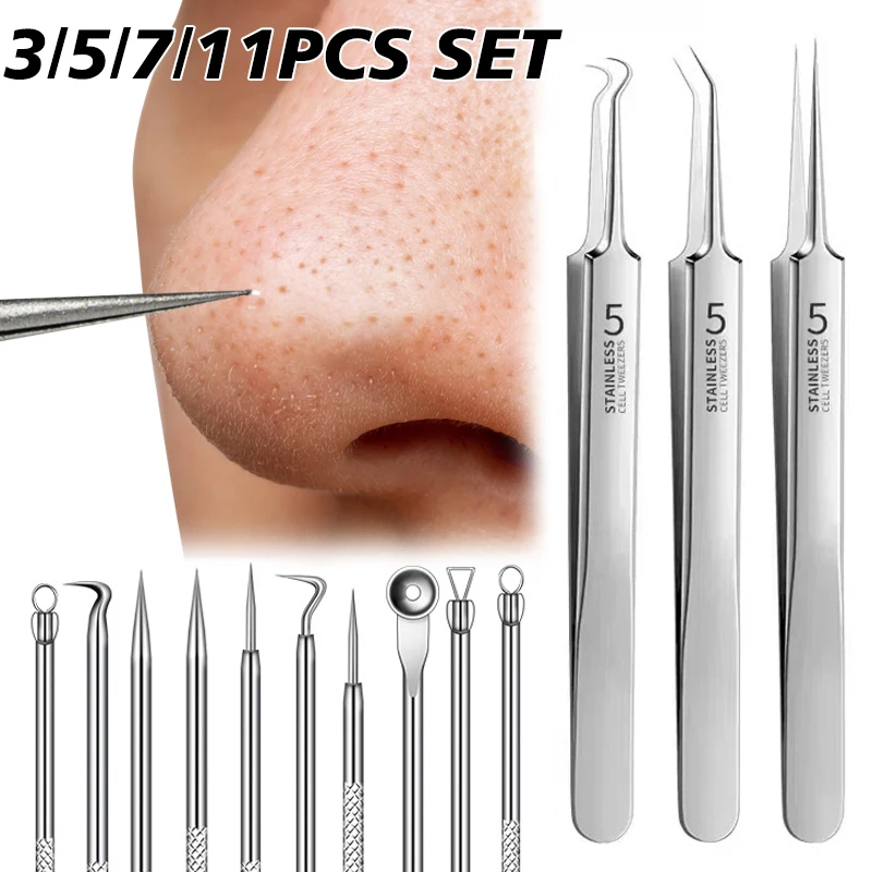 3/5/7/11Pcs Acne Pimples Blackhead Remover Needles Stainless Steel Black Spot Blemish Pimple Removal Needle Ultra-fine Tweezers