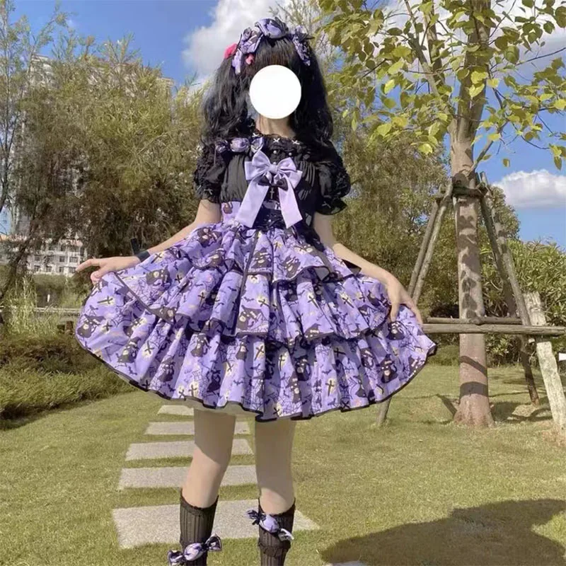 

Pink Black Purple Victorian Sweet Kawaii Yellow Lolita Cat Elena Three-stage Jsk Sleeveless Bow Princess Tea Party Dresses