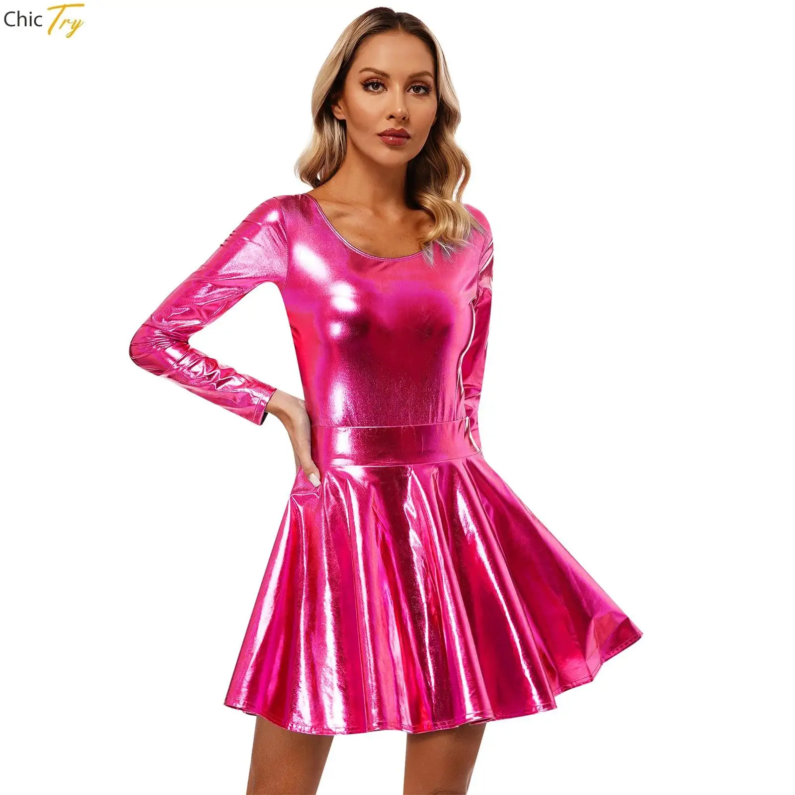 

Metallic Jazz Dancewear Costume Womens Shiny Dress Holographic Leotard Bodysuit + Swing Skirt Carnival Rave Dress Outfits Casuit