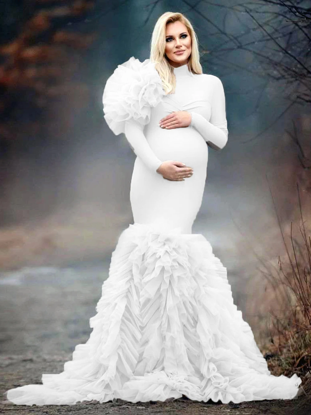 Full Sleeves Tulle Maternity Prom Dresses High Neck Evening Dress Custom Made Photo Lush Ruffles Flowers Celebrity Party Gown