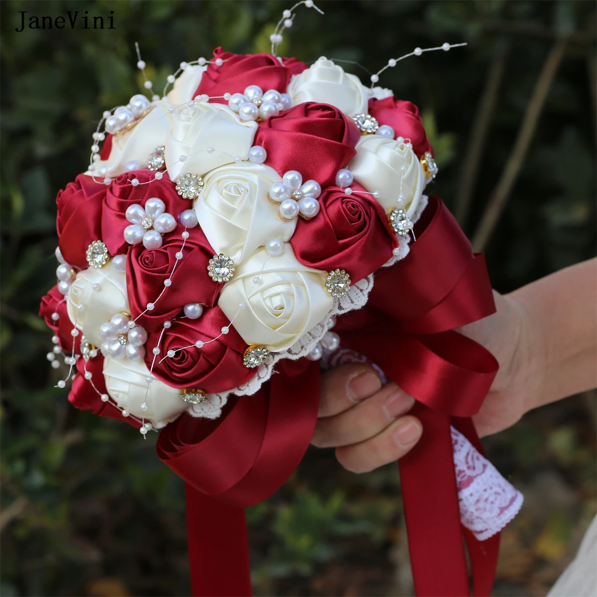 JaneVini New Elegant Dark Red Flowers Bridal Hand Bouquets Luxury Beaded Pearls Artificial Satin Roses Wedding Bouquet for Bride