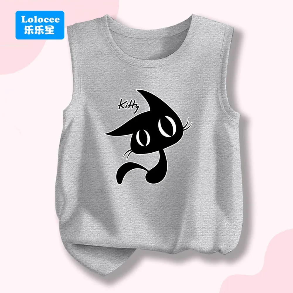 Girls Black Kitty Print Vest Kids Summer Tank Top Kids Sleeveless Cartoon T Shirt 3-14Year Children Party Clothes MHM1