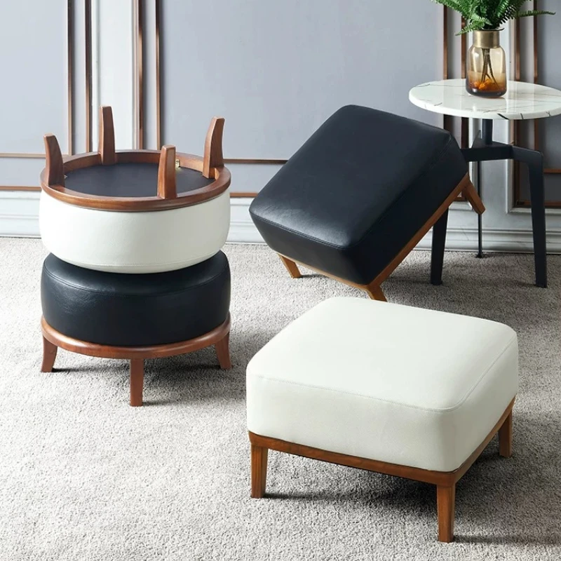Nordic Minimalist Solid Wood Ottoman Genuine Leather Round Foot Stool Entryway Shoe Bench Sofa Side Low Seat for Living Room