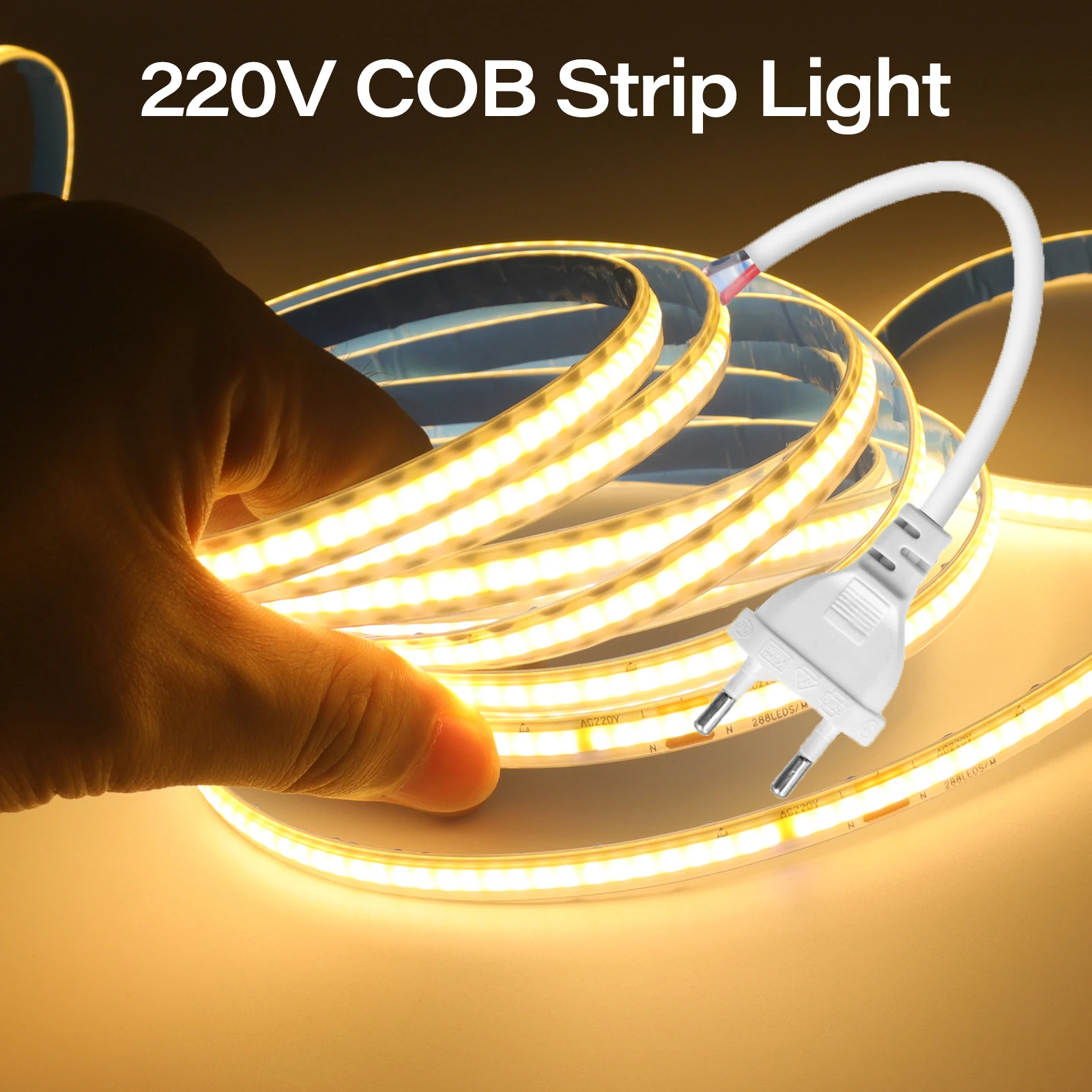 1-35m 220V COB LED Strip Light EU Plug No Need Driver Waterproof IP67 Flexible Tape Lights High Bright 288LEDs/m Linear Lighting