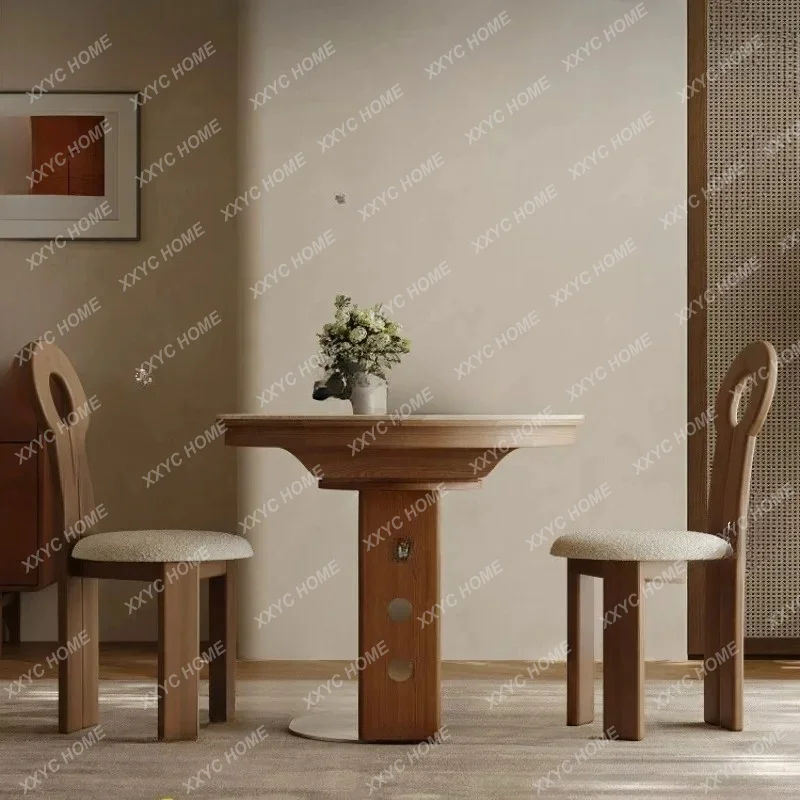 Travertine rock slab retractable dining table variable round table retro multi-functional foldingTJ