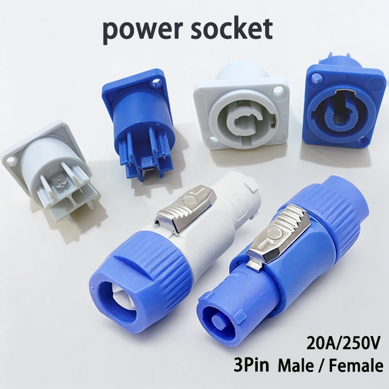3-Pin 20A Power Con Connector Male Female Plug Socket Set for Stage Lighting LED Display Power Cable Blue/White