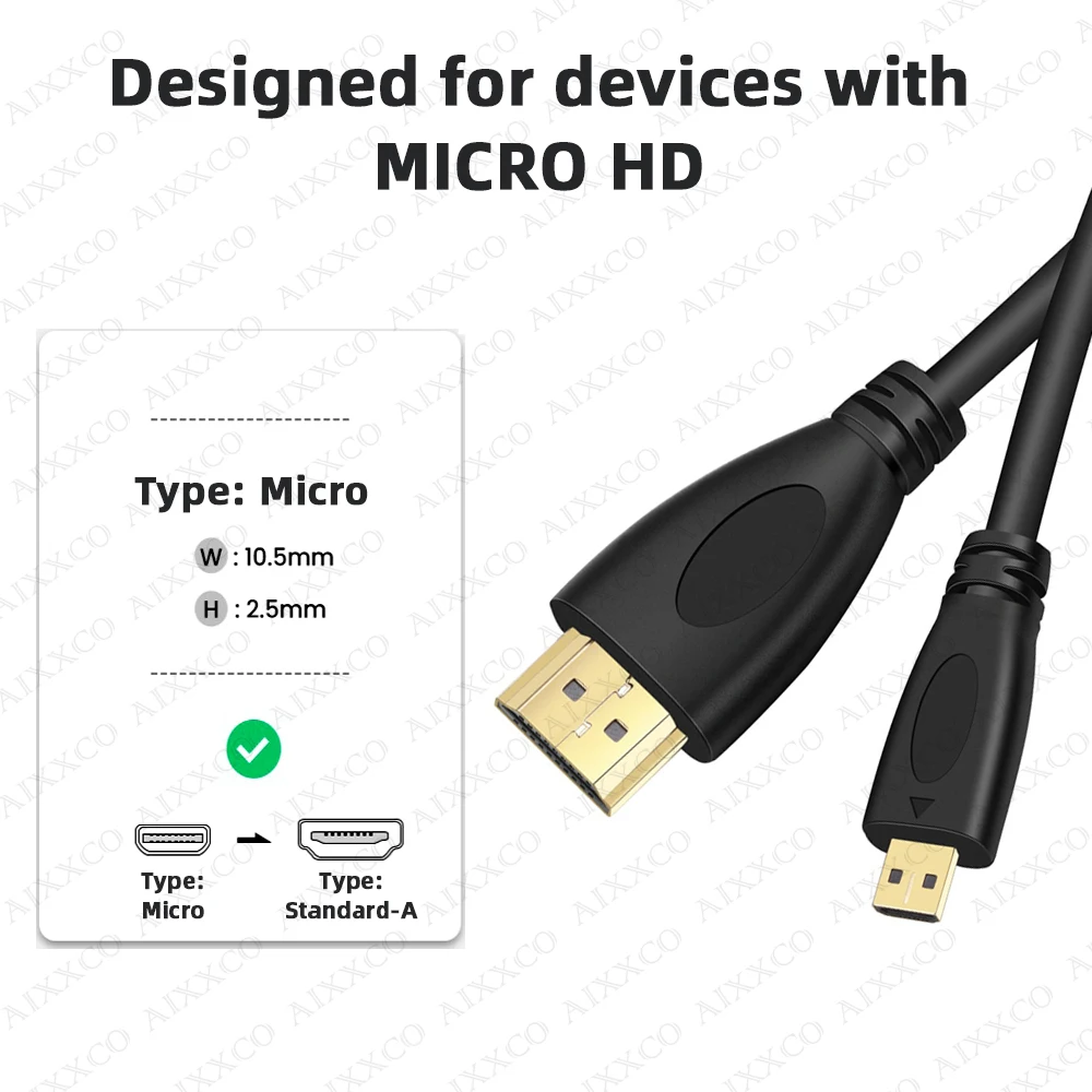 AIXXCO 1m 1.5m 2m 3m V1.4 męski na męski kabel kompatybilny z HDMI na Micro HDMI 1080p 1440p do HDTV PS3 XBOX 3D