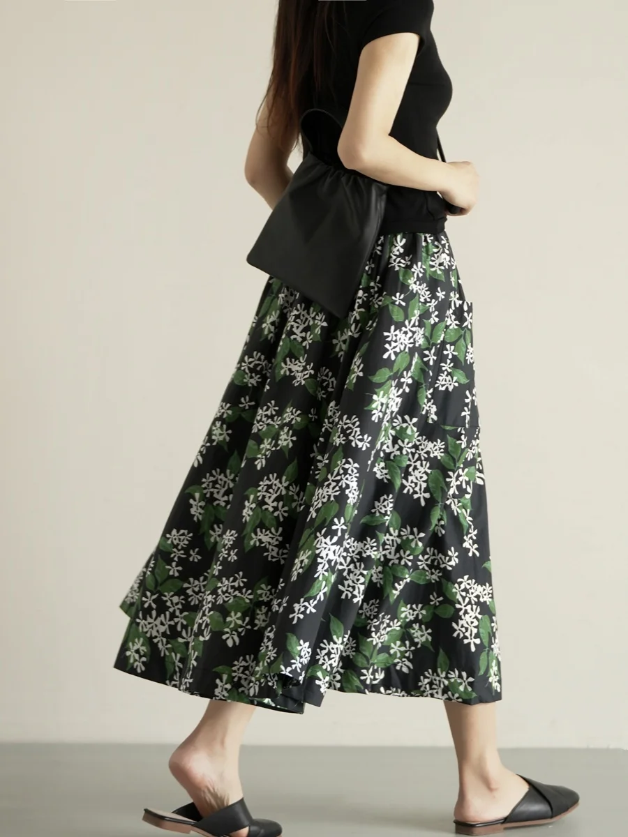 Retro floral algodão a linha midi saia feminina verão f-comprimento saias doce sle cintura alta impressão hemline padrão floral