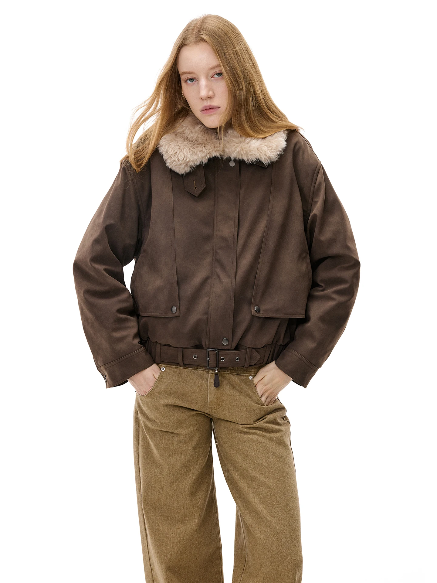 Abnehmbarer Pelzkragen oder PU-Leder-Jacke Damen-Wintermantel Lässiges Zweifarbiges Design mit Baumwollfüllung