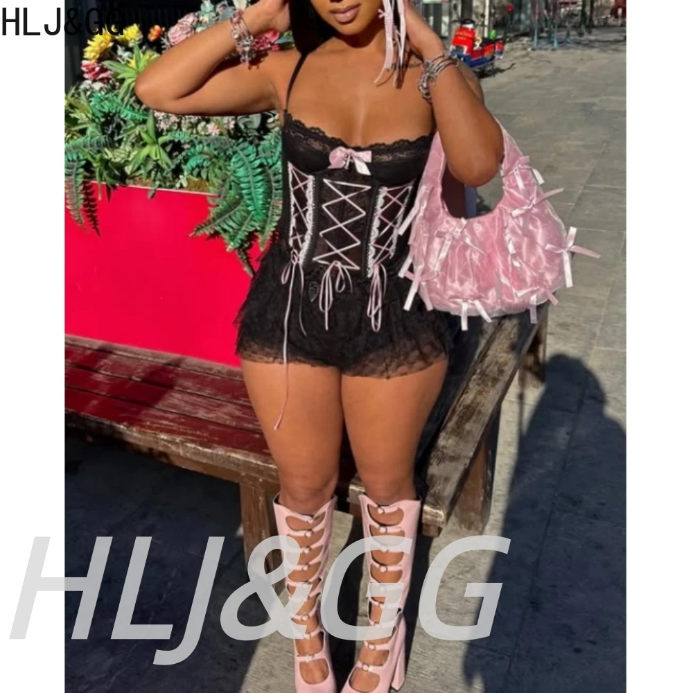 HLJ&GG Sexy Lace See Though Corset Two Piece Sets Women Spaghetti Strap Sleeveless Slim Tank Top And Ruffle Skirts Shorts Outfit