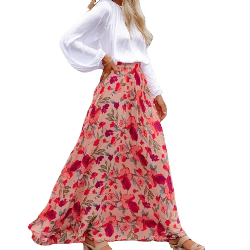 

Euramerican Floral Skirt Women Spring Summer Flocking Fashion Big Swing Elastic High Waisted Elegant Mujer Party A-Line