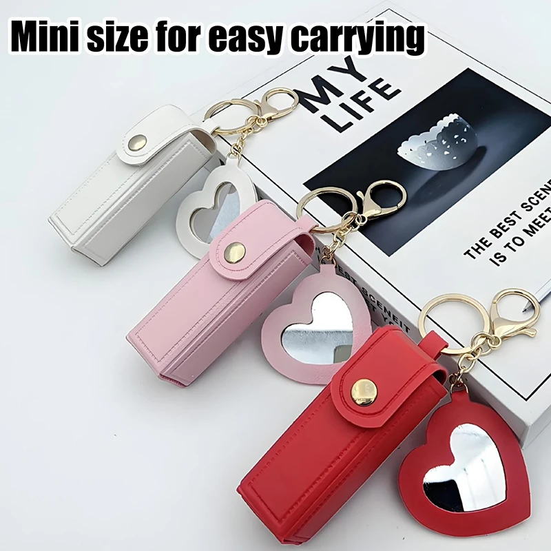 Solid Color Portable Lipstick Bags Wallet Keychain Mini Storage Bag For Women Lipsticks Protective Cover With Mini Makeup Mirror