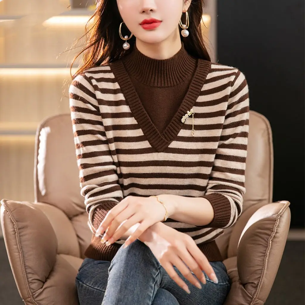 Half Height Collar Striped Fake Two Pieces Knitting Sweater Ladies New Temperament Casual Loose Oversized All-match Pullovers