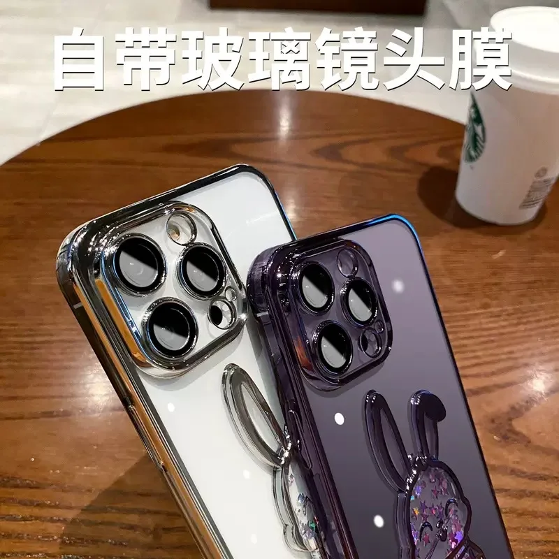 For iPhone14 Pro max Phone Case New Electroplated Quicksand Rabbit iPhone 14 11 12 With Glass Lens Film For iphone 13 case